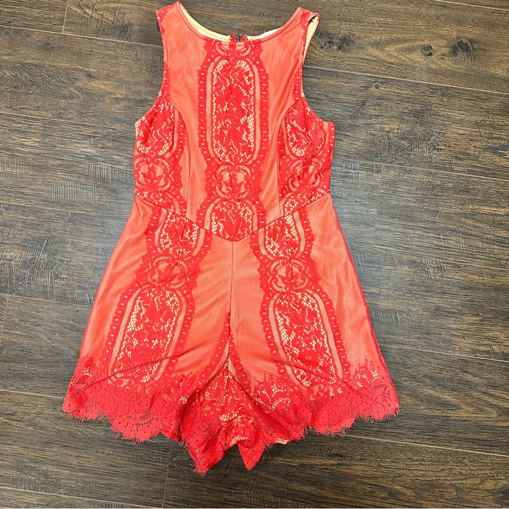 MAY & JULY RED LACE NUDE SHORTS SLEEVELESS ROMPER